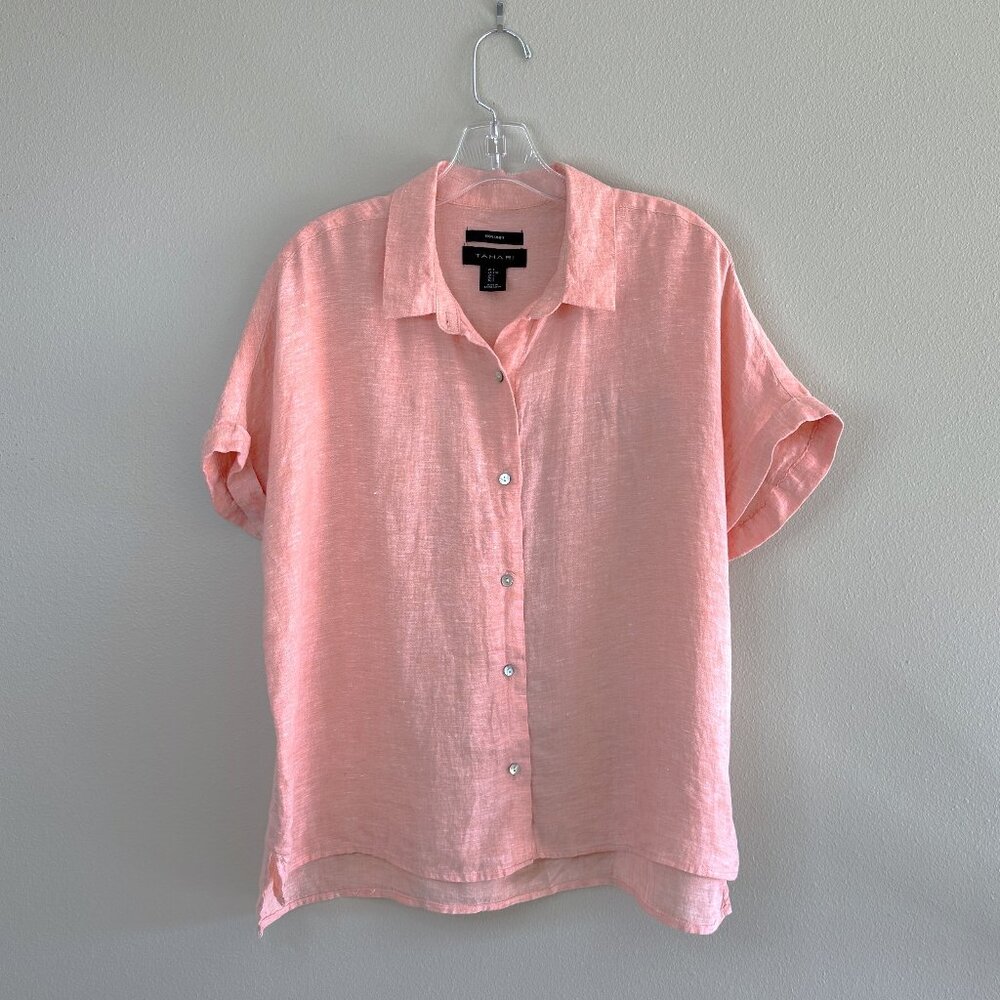 Tahari Coral 100% Linen Short Sleeve Button Up Top - Picture 2 of 7